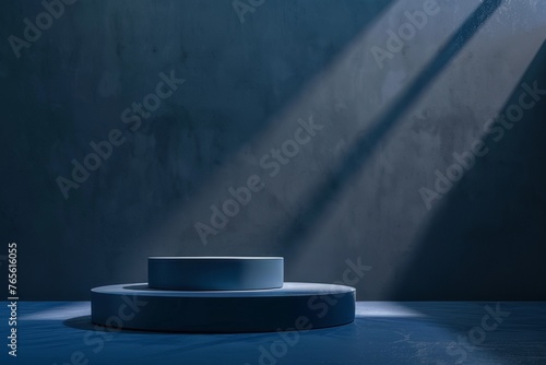 This product branding shot shows a cylindrical platform against a dark blue background. Realistic with natural light to create contrast