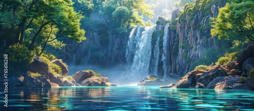 A painting depicting a majestic waterfall cascading down rocky cliffs in the heart of a lush forest.