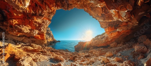 A view from inside a cave looking out towards the ocean. The cave opening frames the vast expanse of water, creating a dramatic contrast between light and dark. photo