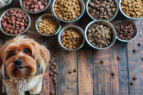 Disposizione ciotole con diversità di cibo secco per cani photo