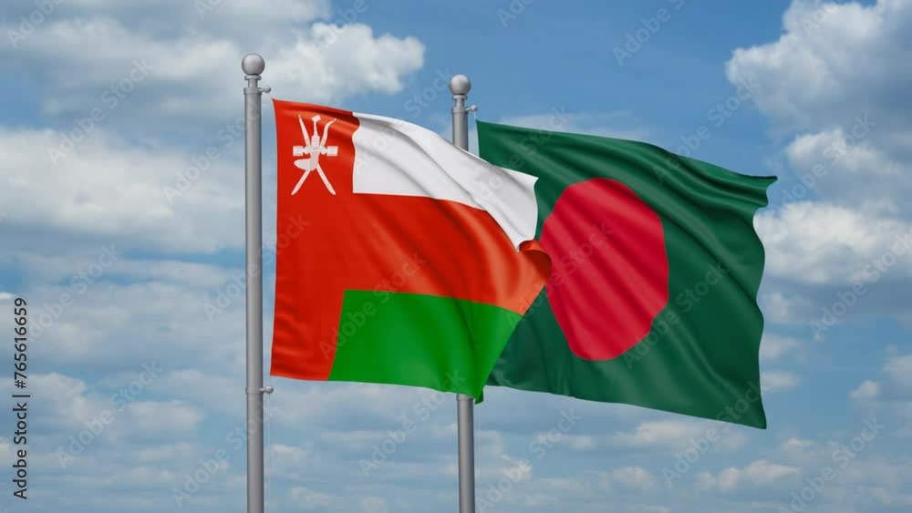 Bangladesh and Oman two flags waving together, looped video, two country relations concept Bangladesh and Oman two flags waving together, looped video, two country relations concept