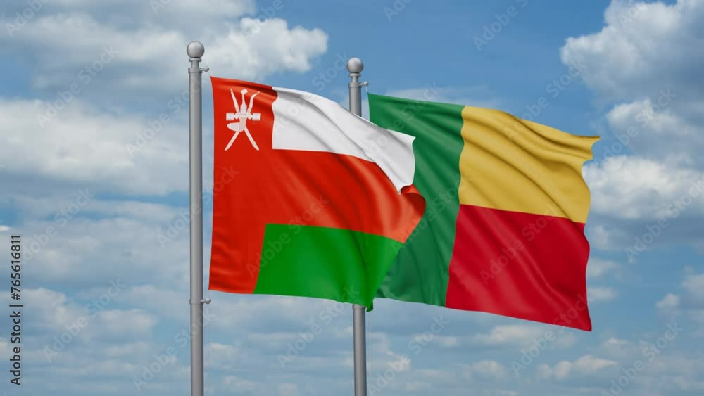 Oman and Benin two flags waving together, looped video Oman and Benin two flags waving together, looped video