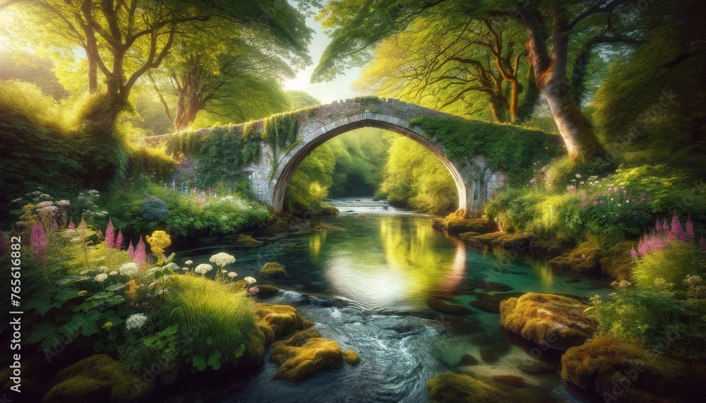 This image depicts a charming stone bridge crossing over a picturesque river surrounded by the splendor of nature.