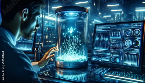 In a dimly lit high-tech laboratory  a scientist is observing the growth of a glowing  bioluminescent plant contained within a transparent  futuristic.