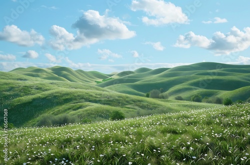wide shot of rolling grassy hills with small flowers, blue sky