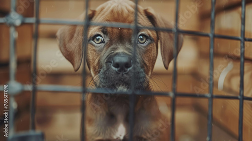 A Lonely Puppy Behind Bars In A Cage Awaiting a Loving Home. Pet Adoption And Animal Rescue © Immersive Dimension