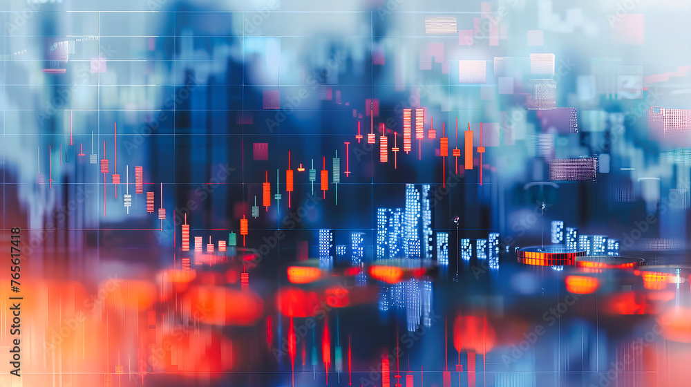 Fototapeta premium Global finance and market trends set against the backdrop of a city skyline, illustrating the intersection of business and economic development
