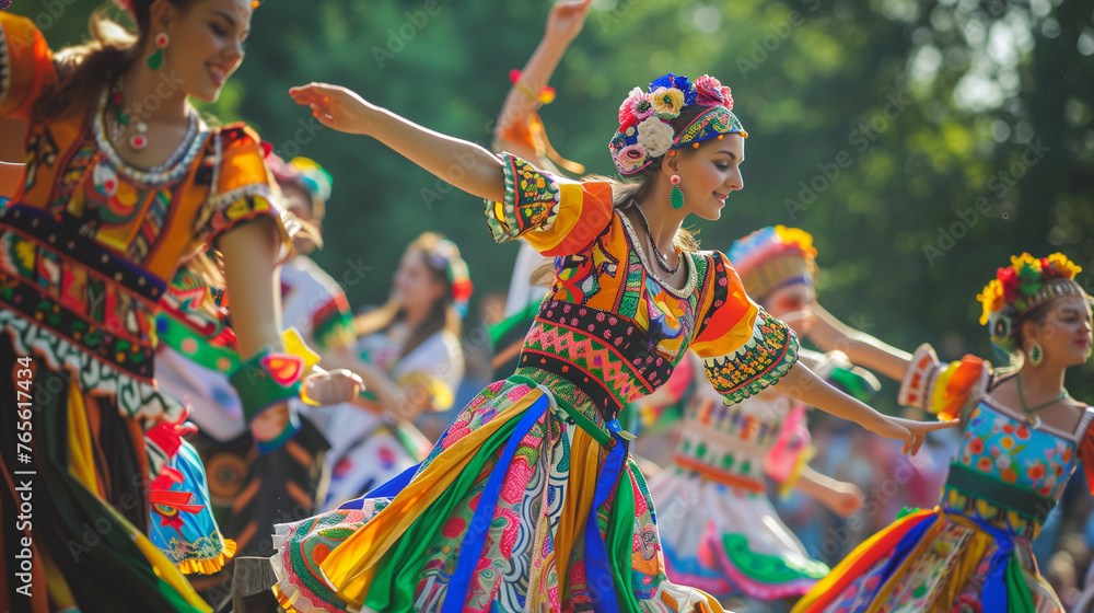 Vibrant traditional female dancers in colorful costumes performing at cultural festival - obrazy, fototapety, plakaty 