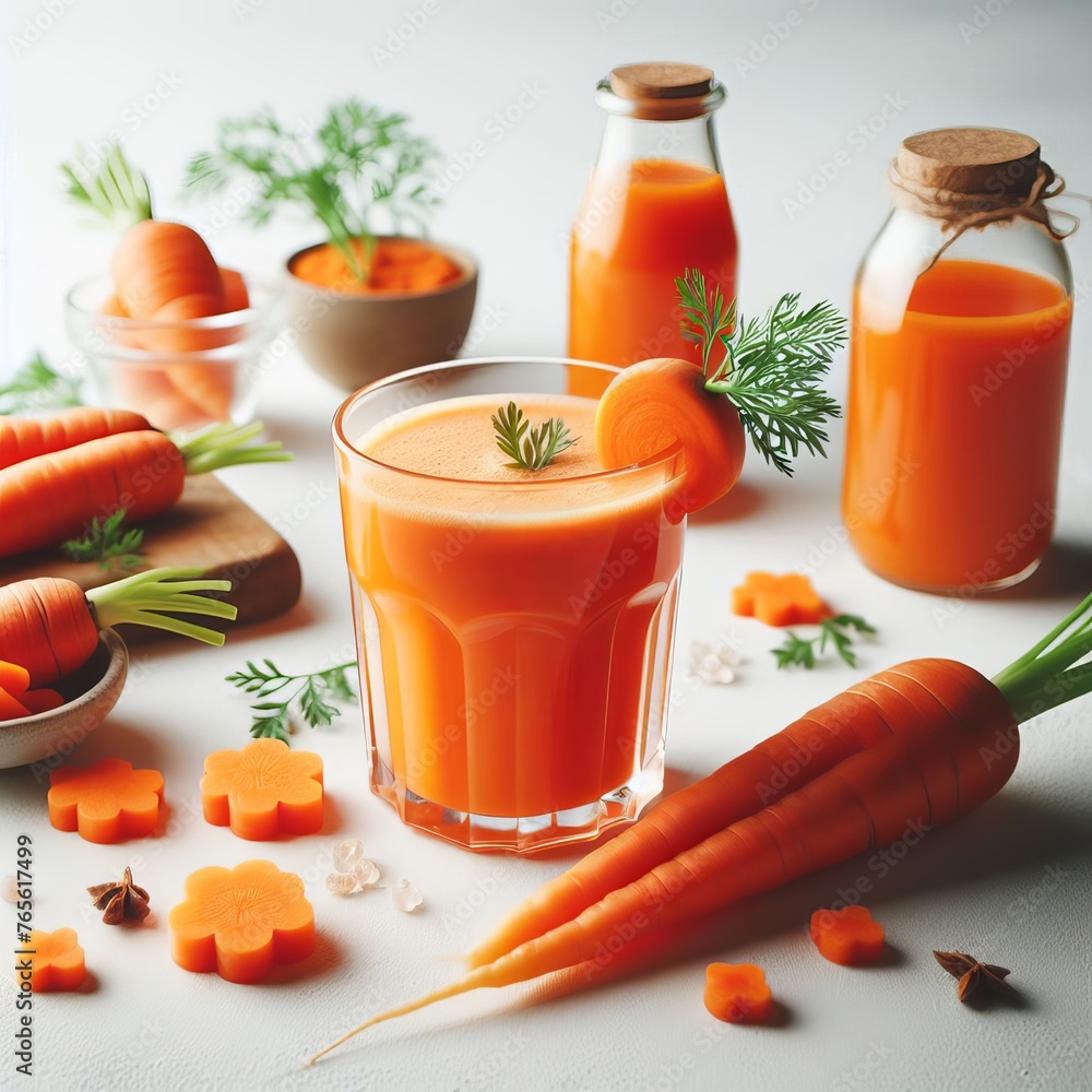 Carrot juice in a glass on the table and fresh carrots with leaves Carrot juice in a glass on the table and fresh carrots with leaves