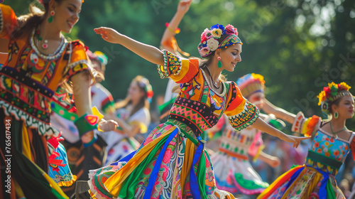 Vibrant traditional female dancers in colorful costumes performing at cultural festival