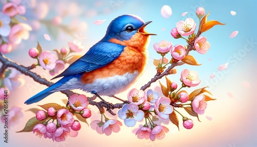 A small bluebird with a bright orange chest singing on a blossoming cherry branch in spring.