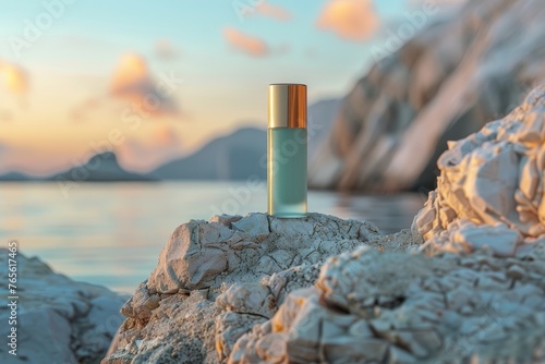 (Mockup) Luxury Skincare Bottle at Golden Hour Seaside