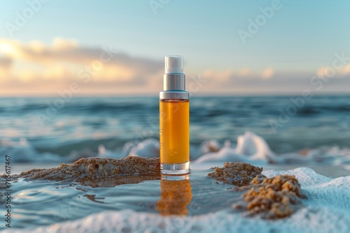 (Mockup) Luxurious Skin Care Oil Bottle on Coastal Shore