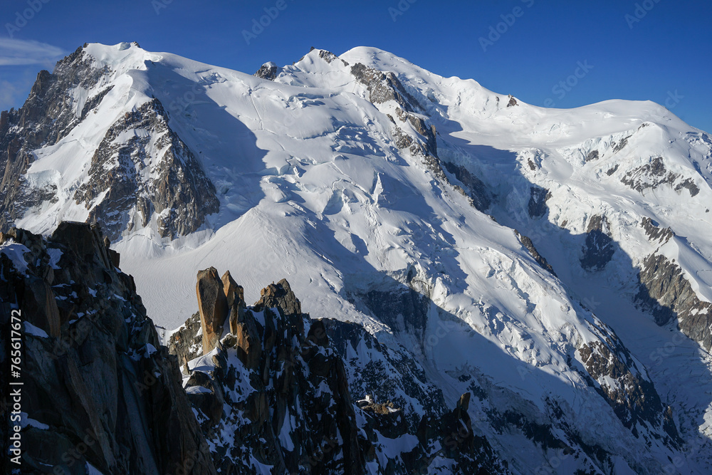 Mont Blanc on sunny day, highest mountain in Alps, Chamonix, Alps