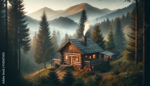 A rustic wooden cabin with smoke rising from the chimney, nestled among the trees with a backdrop of misty mountain layers.