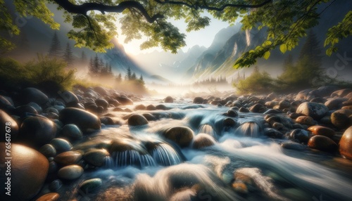 A mountain stream with crystal clear water flowing over smooth stones, framed by overhanging branches with a misty mountainous landscape behind. photo