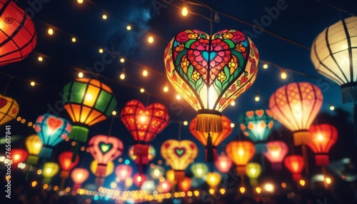 Multicolored heart-shaped paper lanterns at a nighttime festival, glowing softly against the dark sky. photo
