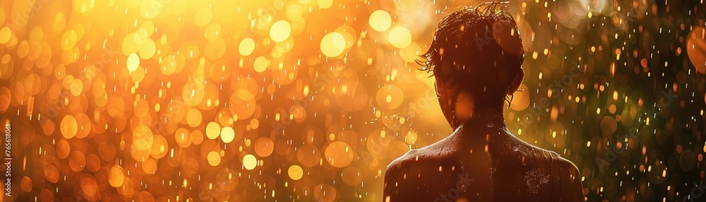 Woman enjoys rain shower at golden hour - A silhouette of a woman amidst a rain downpour, the golden sun creating a bokeh effect in the background - obrazy, fototapety, plakaty 
