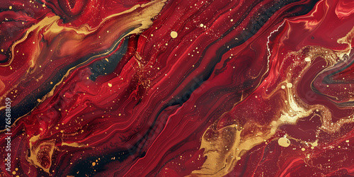 Red, black, gold marble texture pattern background. Brigh liquid fluid surface wallpaper. Raster bitmap digital illustration.
