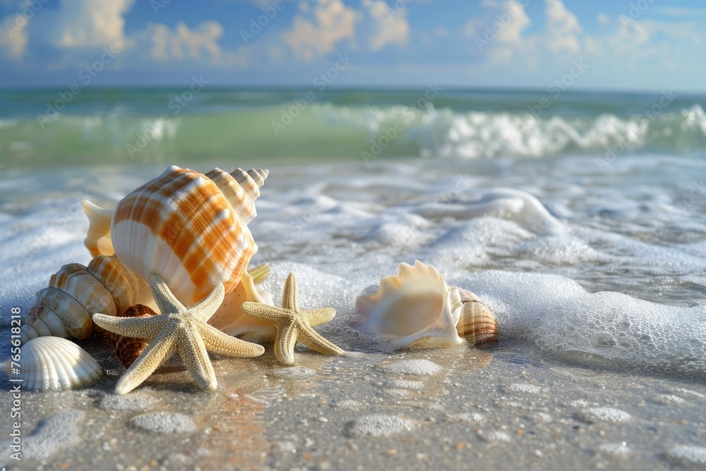 Shells and starfish on a sandy beach - Seashells and starfish rest on the shore with foamy waves, showcasing nature's marine beauty against the ocean backdrop