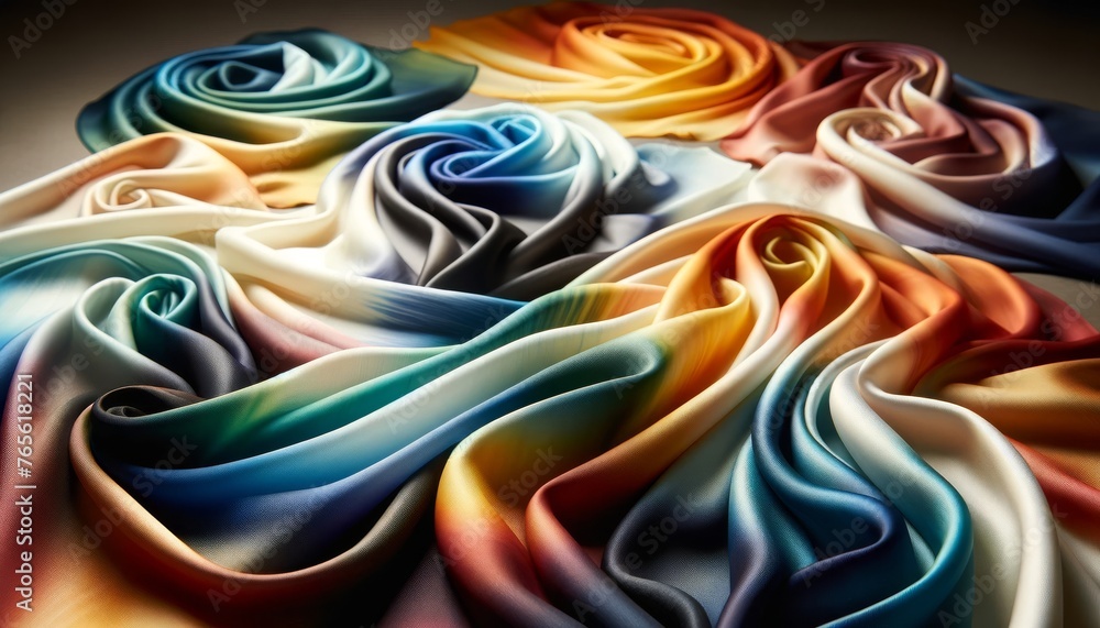 A high-quality image showcasing a collection of hand-painted silk scarves. A high-quality image showcasing a collection of hand-painted silk scarves.