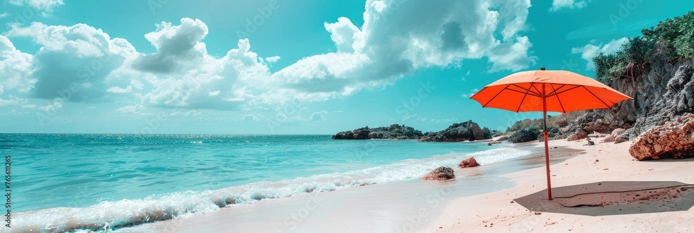 Sunny beach scene with a vibrant orange umbrella - This calming beach landscape showcases a solitary orange umbrella on a serene, sandy shore with azure waters and a blue sky - obrazy, fototapety, plakaty 