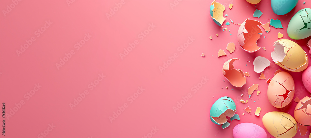 Colorful cracked Easter eggs on a pink background, in a top view with copy space