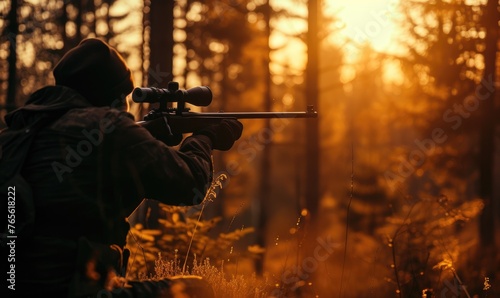 Hunter in holding rifle and shooting at evening forest. Silhouette is aiming his shotgun at animal