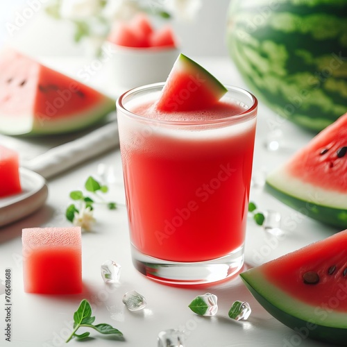 Fresh watermelon juice, Homemade smoothie of organic fruits, with fruit slices on a white background 