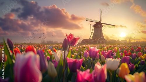 Landscape of colorful tulip field and traditional dutch windmill in Netherland