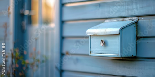 Modern Mailbox in a country private house. Close-up mailbox with a traditional country home in background, copy space.