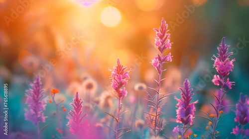 Beautiful field of purple flowers in sunset light