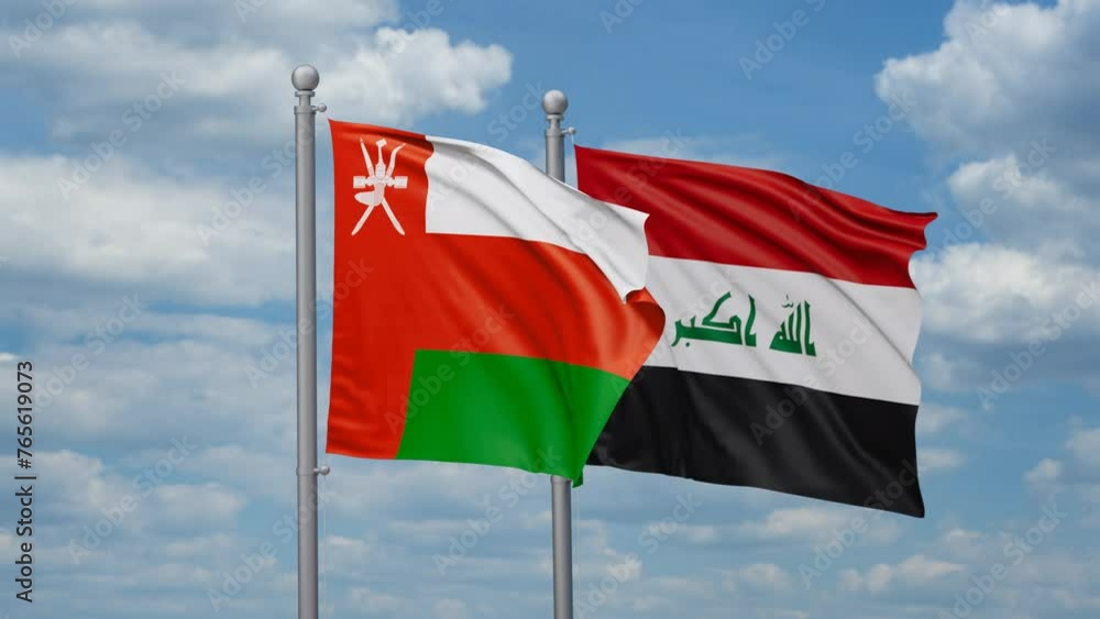 Iraq and Oman two flags waving together on blue sky, looped video Iraq and Oman two flags waving together on blue sky, looped video