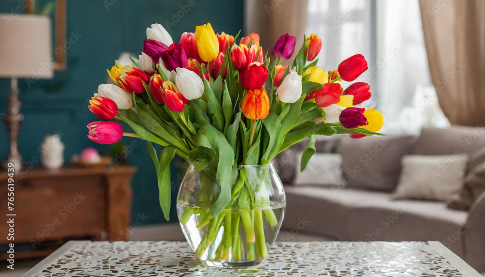 Ein Gro er Blumenstrau Aus Bunten Tulpen In Einer Vase Steht Auf Dem ein-gro-er-blumenstrau-aus-bunten-tulpen-in-einer-vase-steht-auf-dem