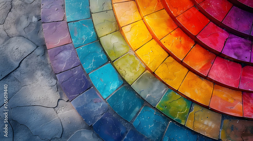 An artistic rainbow-colored pavement art installation