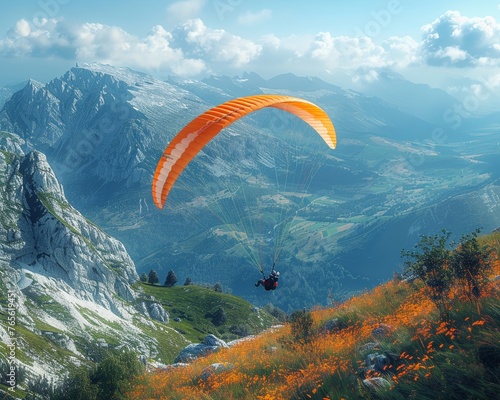 A paraglider soaring above alpine meadows compact