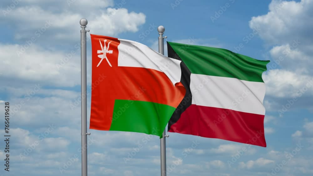 Kuwait and Oman two flags waving together, looped video, two country cooperation concept Kuwait and Oman two flags waving together, looped video, two country cooperation concept