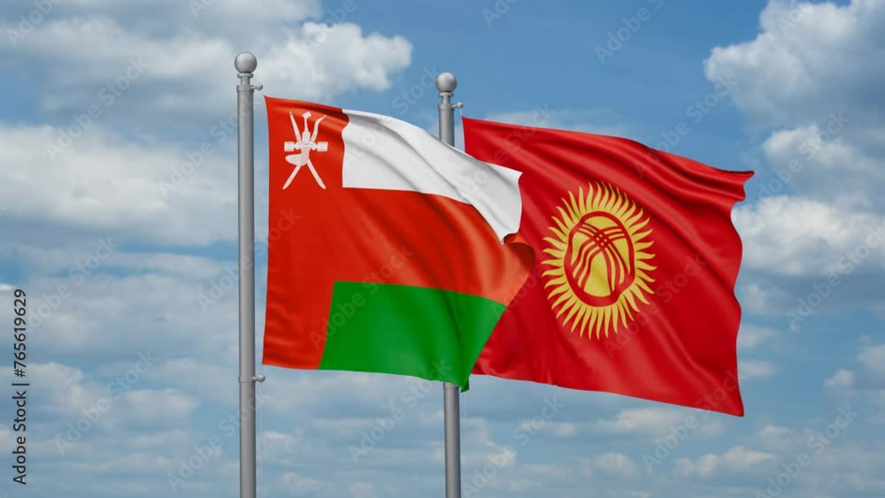 Kyrgyzstan and Oman two flags waving together, looped video, two country relations concept Kyrgyzstan and Oman two flags waving together, looped video, two country relations concept