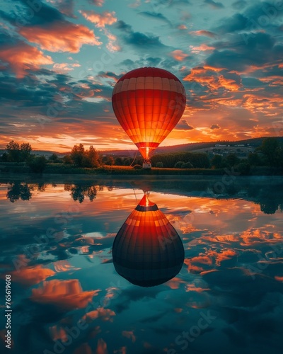 Hot air balloon reflected in a serene lakes surface mirroring the sky