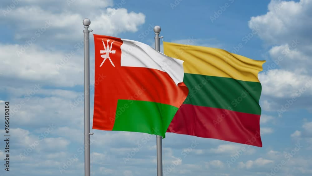 Lithuania and Oman two flags waving together, looped video, two country relations concept Lithuania and Oman two flags waving together, looped video, two country relations concept
