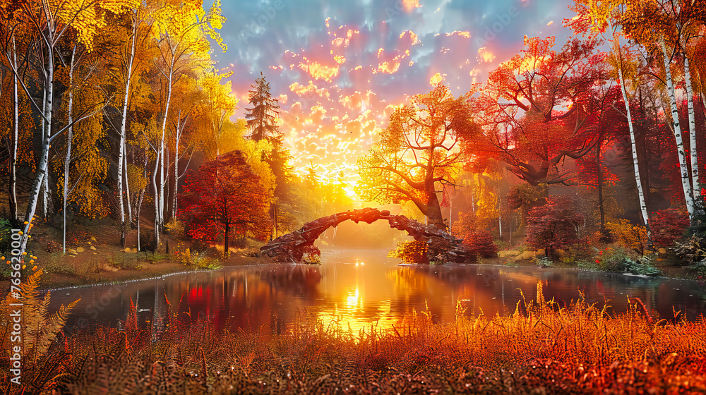 Golden Autumn Reflections: A Peaceful Forest Scene with a Calm Lake, Embodying the Beauty of Natures Seasons