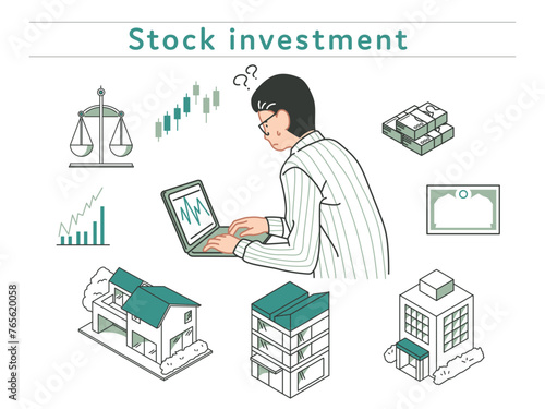 投資をする男性と不動産投資のイラスト素材