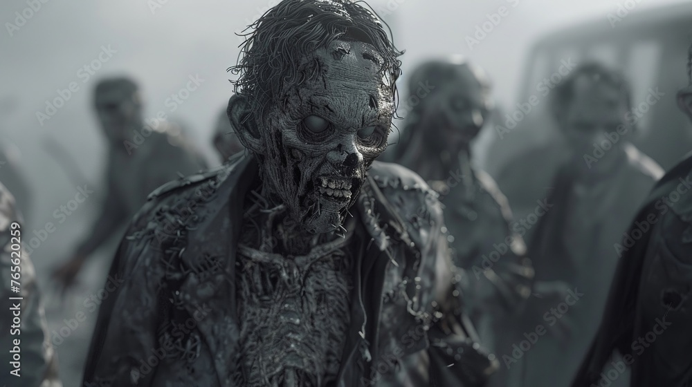 Fototapeta premium Animated life scenes fade to grey as zombies appear, then shift to radiant heaven scenes, symbolic of life, death, and afterlife