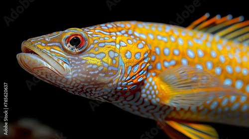  Close-up of yellow and blue fish with white dots on body against black background