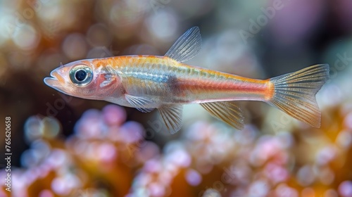  A focused photograph of a fish within an aquarium, surrounded by vibrant coral backgrounds, and a sharp image in the foreground