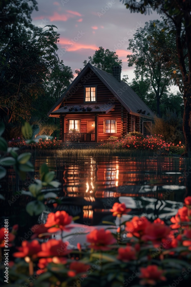 Dark, isolated house, with a vibrant flower out front, reflecting on the lake, low light, tranquil scene