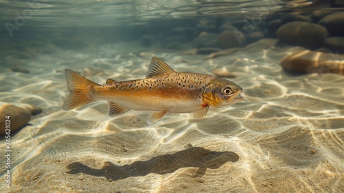  A fish swims in water near rocks and waterweed Shadows cast by fish below photo