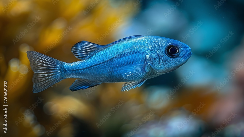 A close-up shot of a vivid blue fish surrounded by lush coral reefs and shimmering water A close-up shot of a vivid blue fish surrounded by lush coral reefs and shimmering water