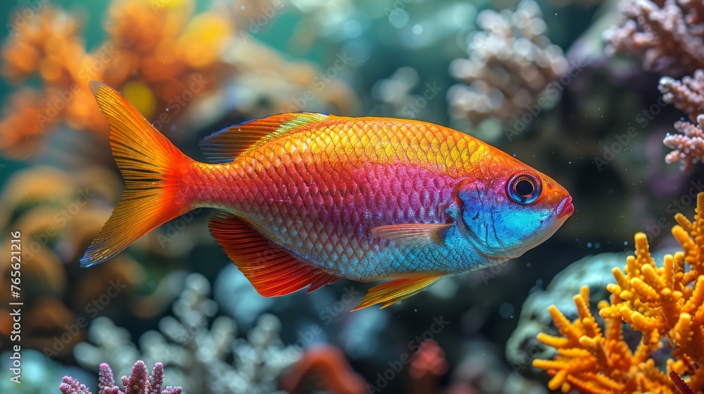 A detailed shot of a fish resting amidst colorful corals and surrounding seaweed A detailed shot of a fish resting amidst colorful corals and surrounding seaweed