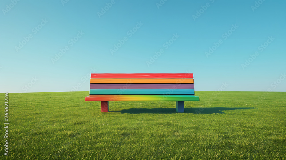 Fototapeta premium An outdoor setting with a simple bench that has been painted colorful.